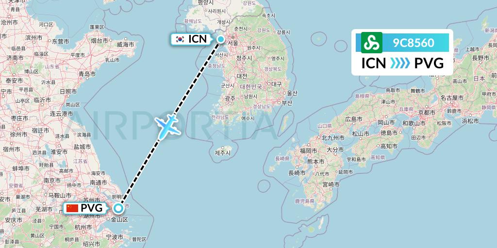 9C8560 Spring Airlines Flight Map: Seoul to Shanghai
