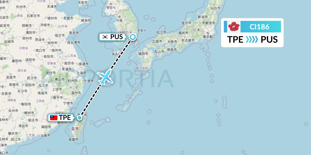 CI186 China Airlines Flight Map: Taipei to Busan