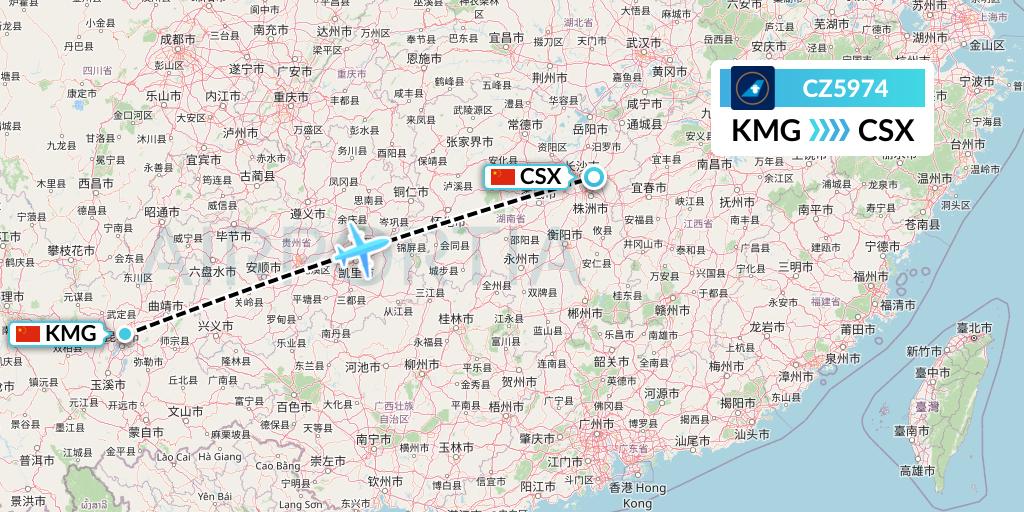 CZ5974 China Southern Airlines Flight Map: Kunming to Changsha