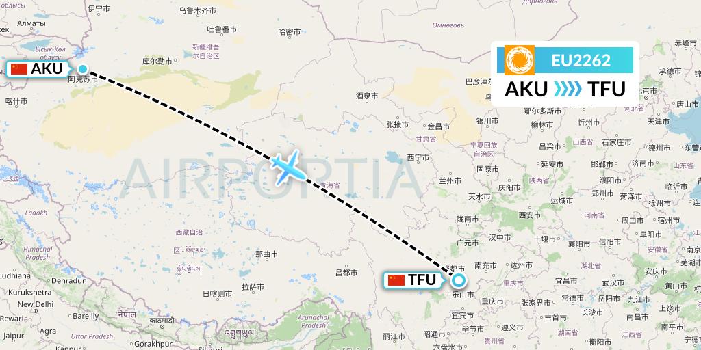 EU2262 Chengdu Airlines Flight Map: Aksu to Chengdu