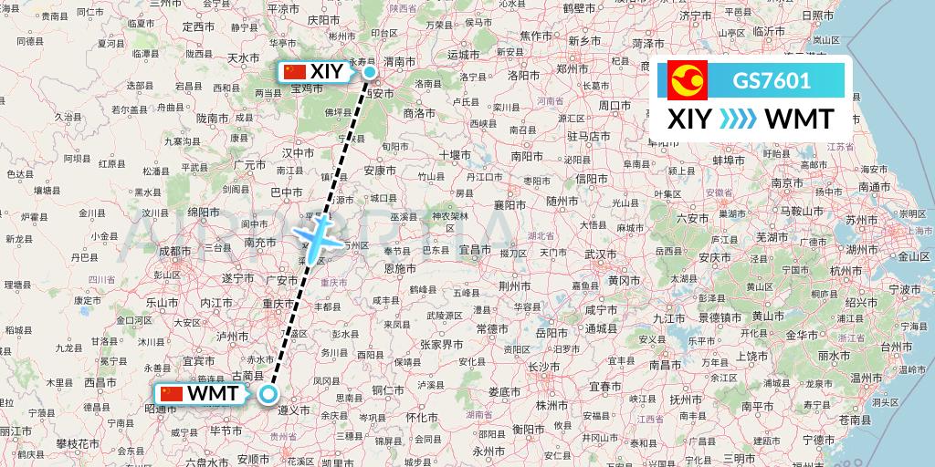 GS7601 Tianjin Airlines Flight Map: Xi'an to Zunyi