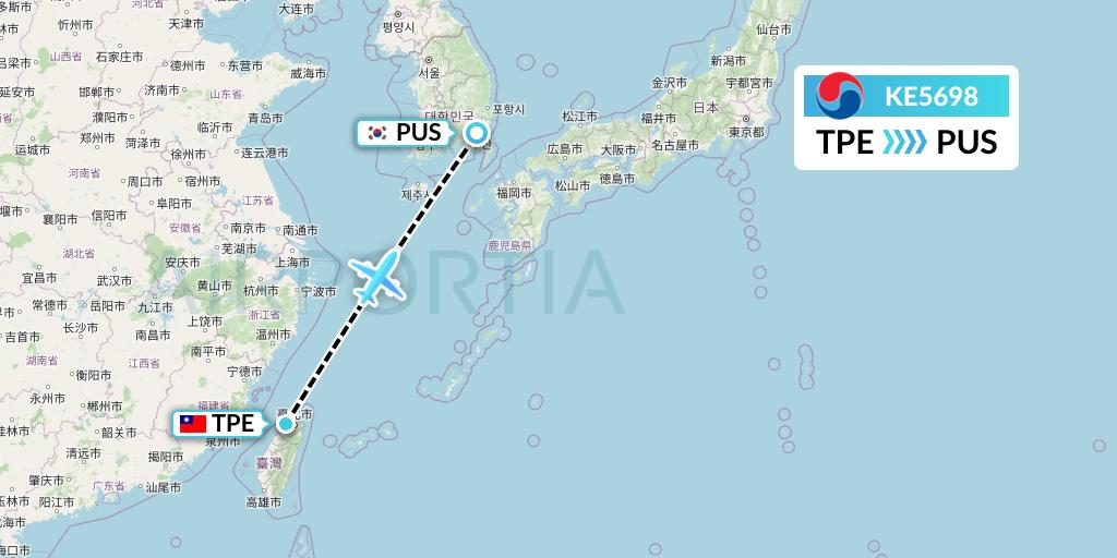 KE5698 Korean Air Flight Map: Taipei to Busan