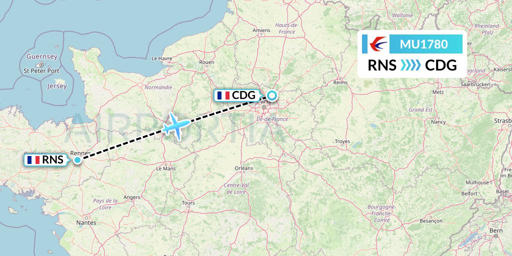 MU1780 China Eastern Airlines Flight Map: Rennes to Paris