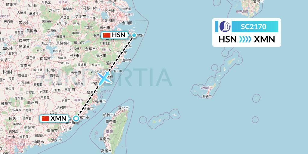 SC2170 Shandong Airlines Flight Map: Zhoushan to Xiamen