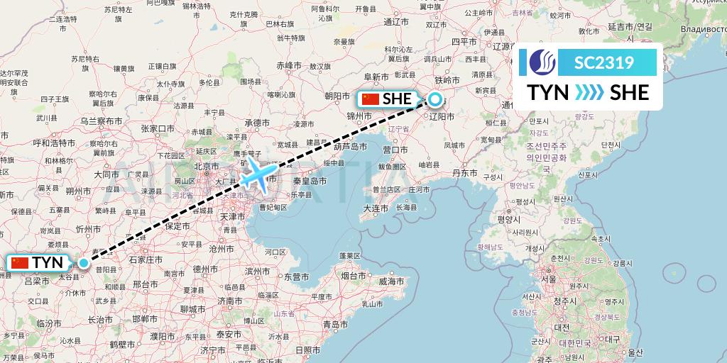 SC2319 Shandong Airlines Flight Map: Taiyuan to Shenyang