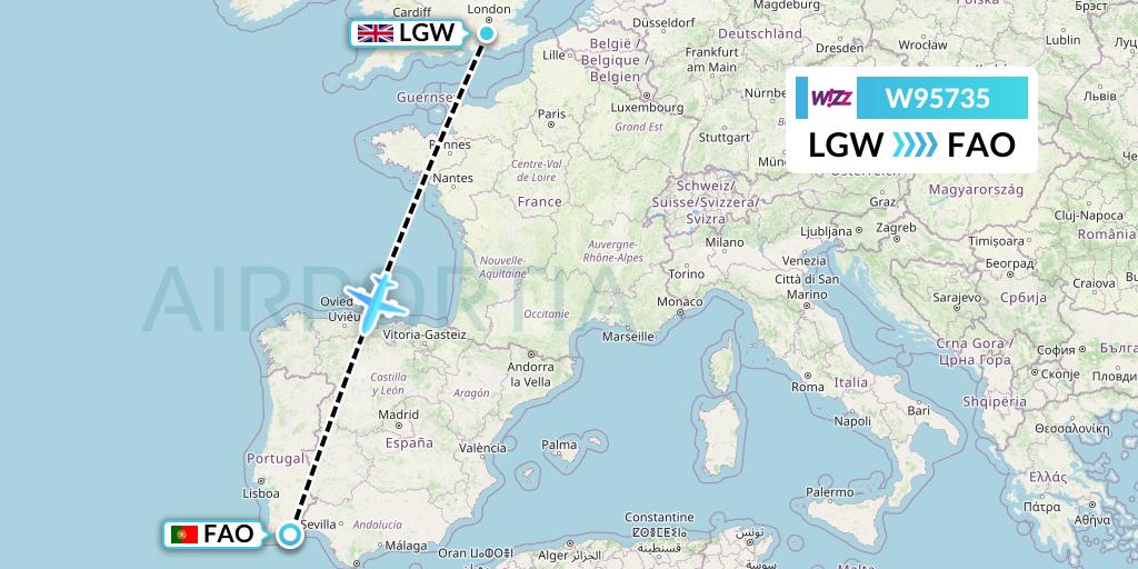 W95735 Wizz Air UK Flight Map: London to Faro