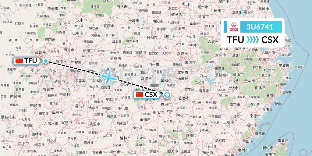 3U6741 Sichuan Airlines Flight Map: Chengdu to Changsha
