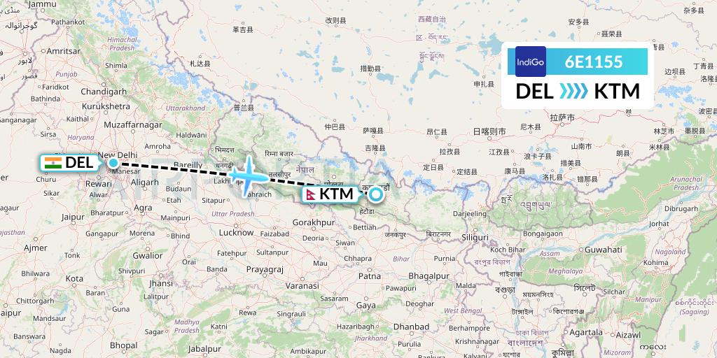6E1155 IndiGo Airlines Flight Map: Delhi to Kathmandu