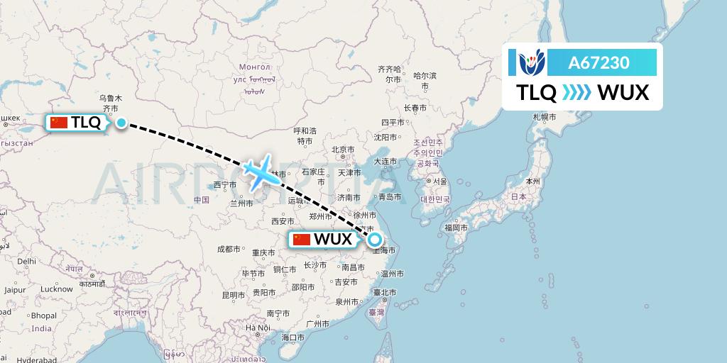 A67230 Hongtu Airlines Flight Map: Turpan to Wuxi