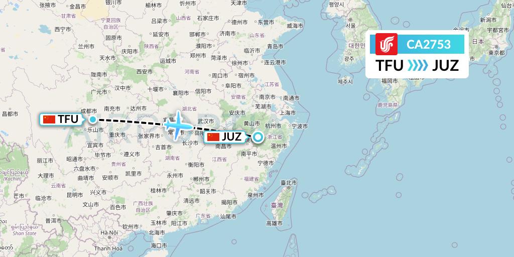 CA2753 Air China Flight Map: Chengdu to Quzhou