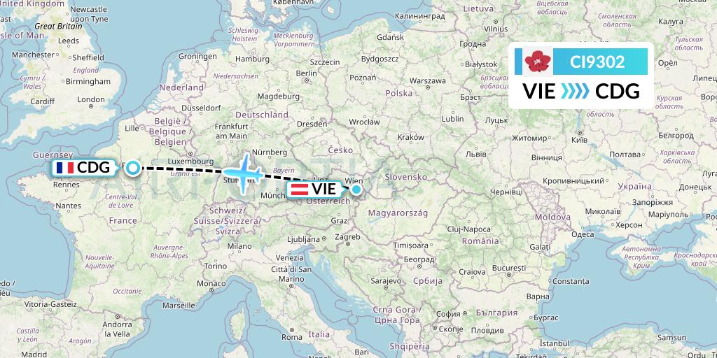 CI9302 China Airlines Flight Map: Vienna to Paris