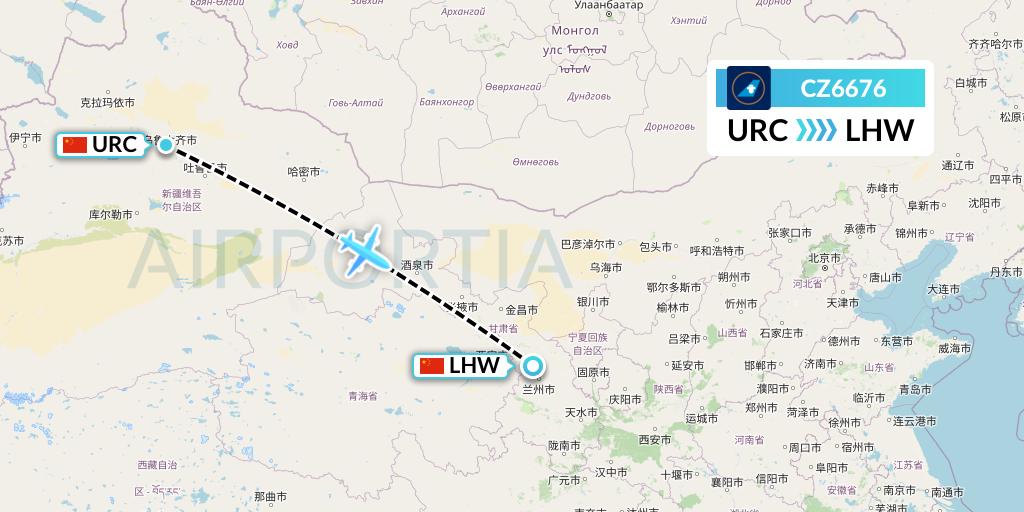 CZ6676 China Southern Airlines Flight Map: Urumqi to Lanzhou