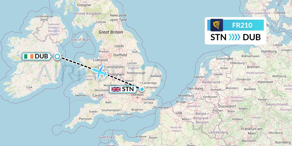 FR210 Ryanair Flight Map: London to Dublin