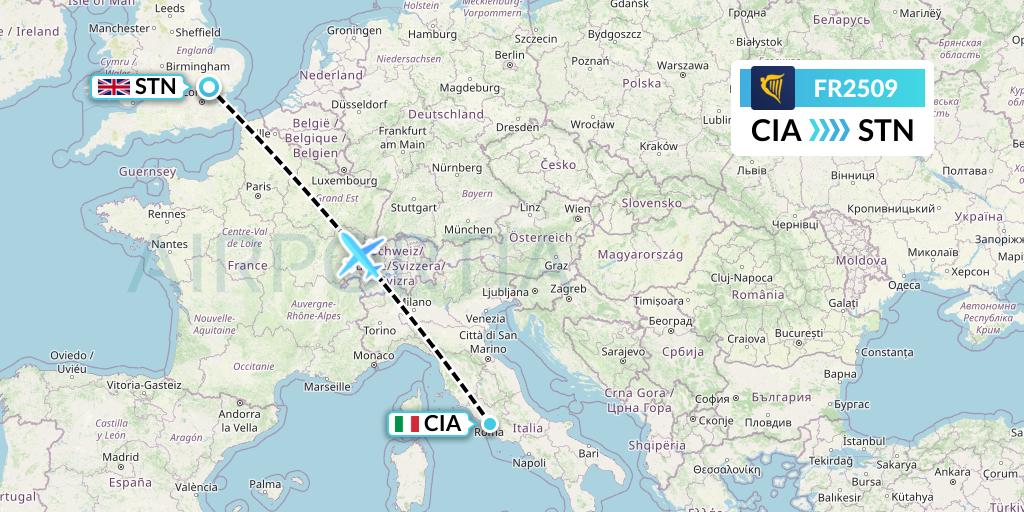 FR2509 Ryanair Flight Map: Rome to London