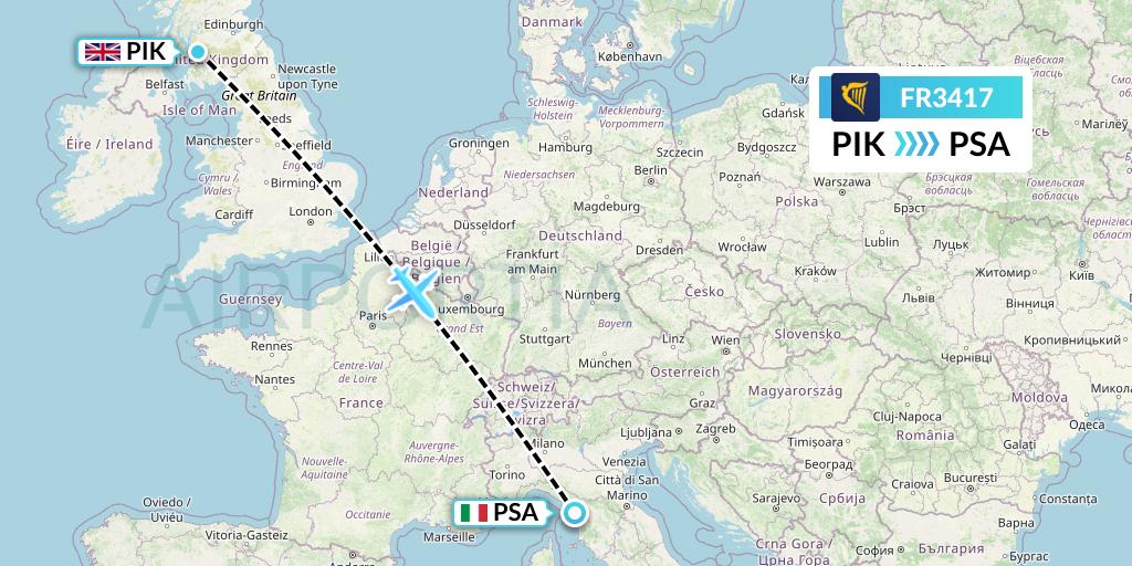 FR3417 Ryanair Flight Map: Prestwick to Pisa