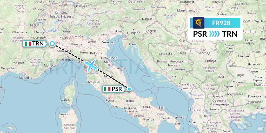 FR928 Ryanair Flight Map: Pescara to Turin