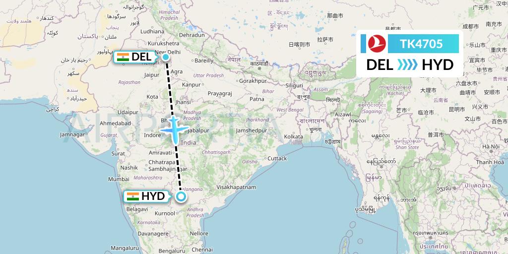TK4705 Turkish Airlines Flight Map: Delhi to Hyderabad