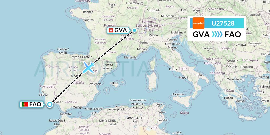 U27528 EasyJet Flight Map: Geneva to Faro