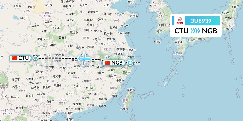 3U8939 Sichuan Airlines Flight Map: Chengdu to Ningbo