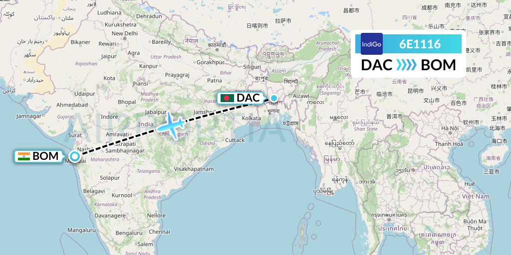 6E1116 IndiGo Airlines Flight Map: Dhaka to Mumbai