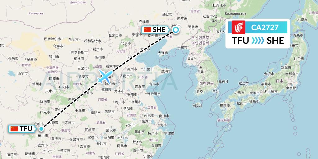 CA2727 Air China Flight Map: Chengdu to Shenyang