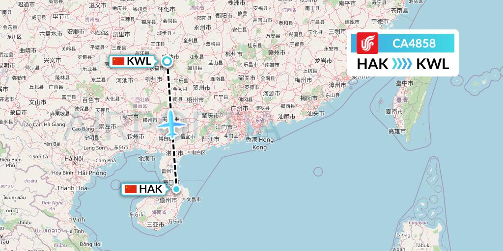 CA4858 Air China Flight Map: Haikou to Guilin