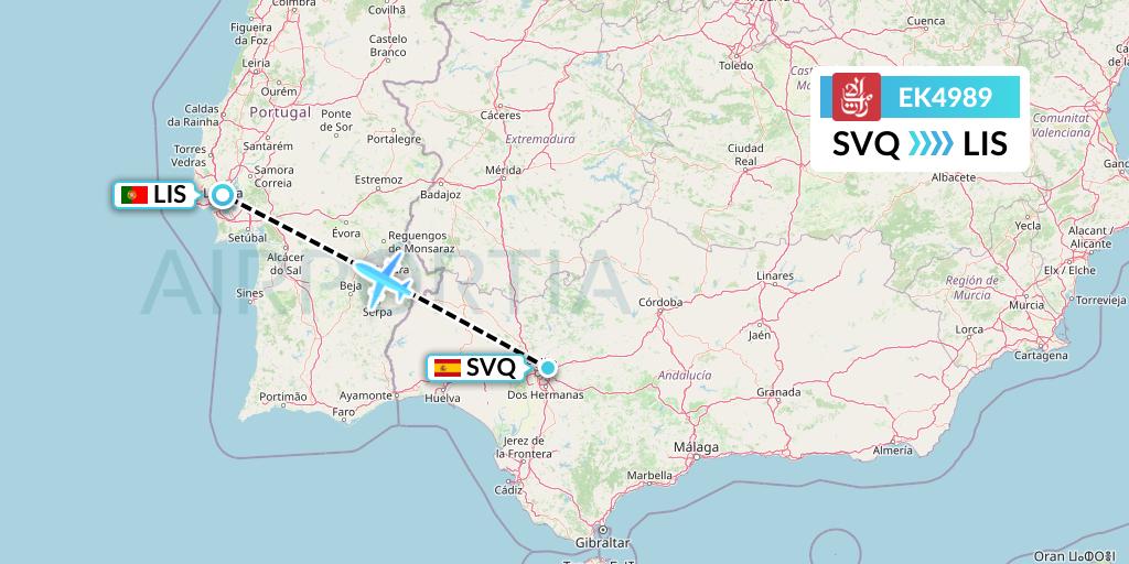 EK4989 Emirates Flight Map: Seville to Lisbon