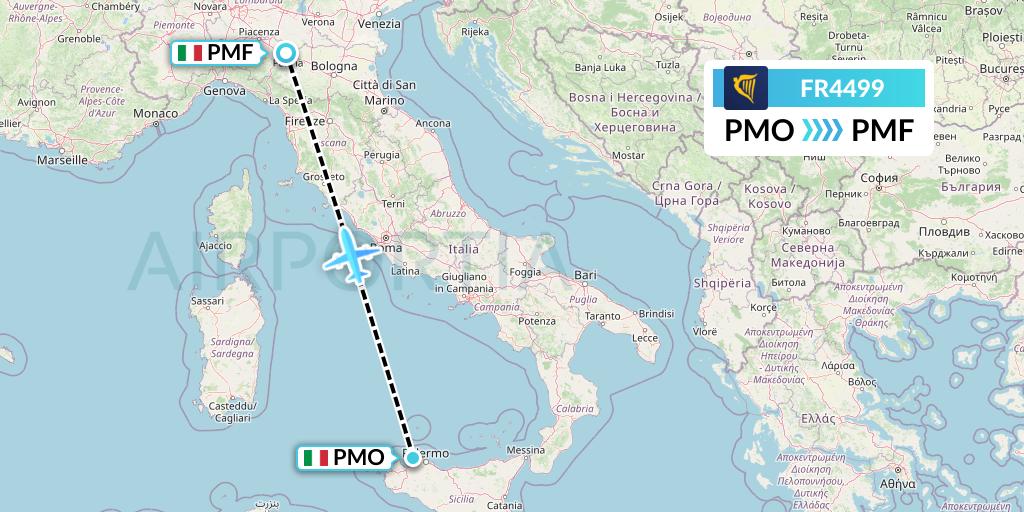 FR4499 Ryanair Flight Map: Palermo to Parma