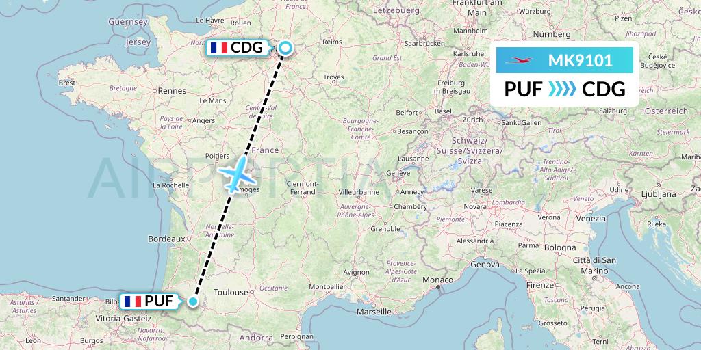 MK9101 Air Mauritius Flight Map: Pau to Paris