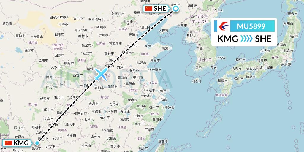 MU5899 China Eastern Airlines Flight Map: Kunming to Shenyang