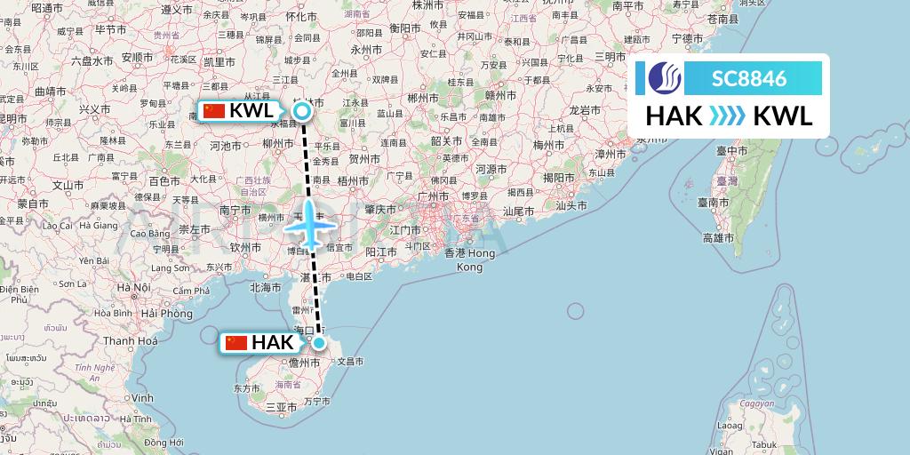 SC8846 Shandong Airlines Flight Map: Haikou to Guilin