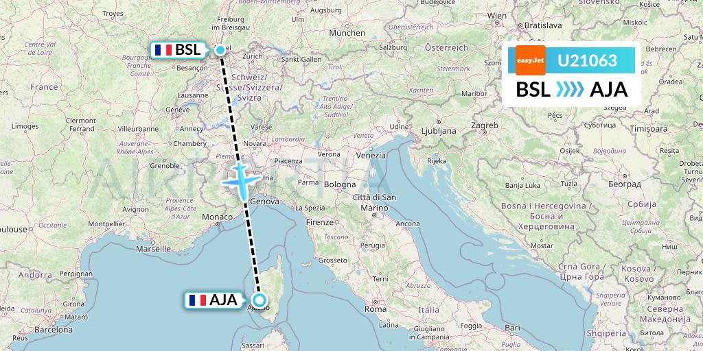 U21063 EasyJet Flight Map: Basel to Ajaccio