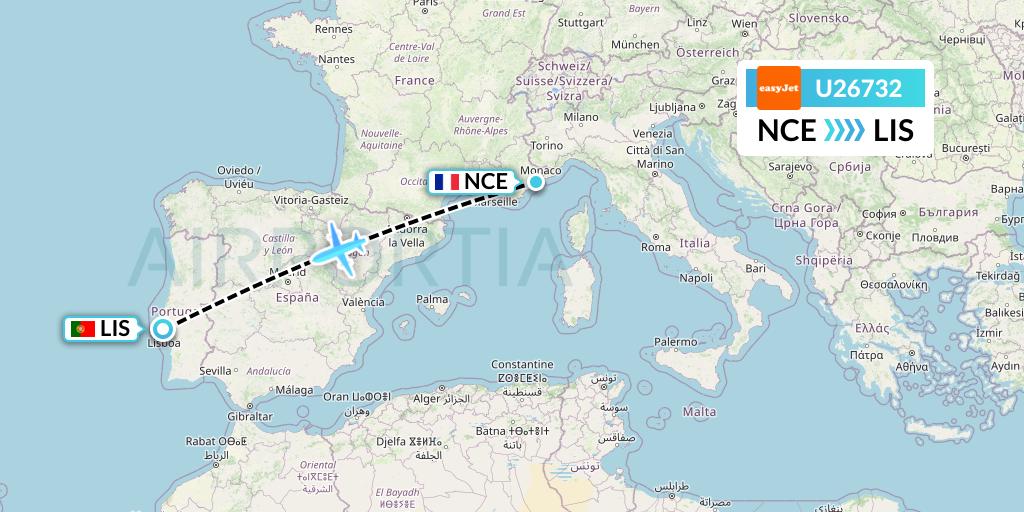 U26732 EasyJet Flight Map: Nice to Lisbon