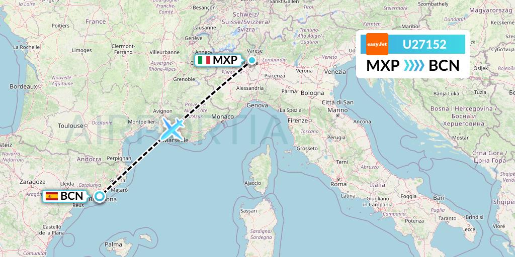U27152 EasyJet Flight Map: Milan to Barcelona