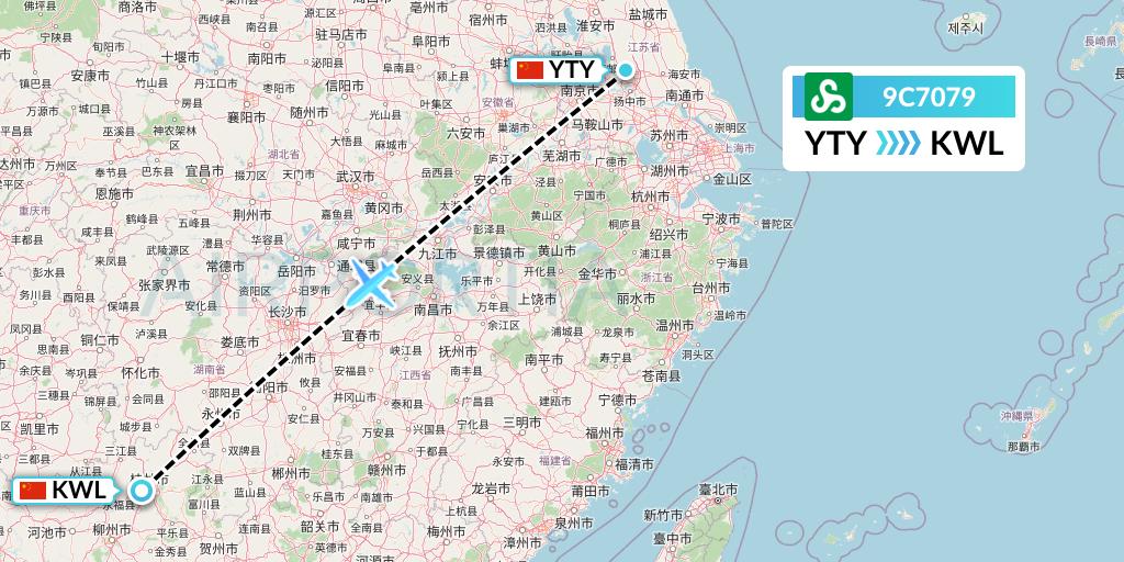 9C7079 Spring Airlines Flight Map: Yangzhou to Guilin