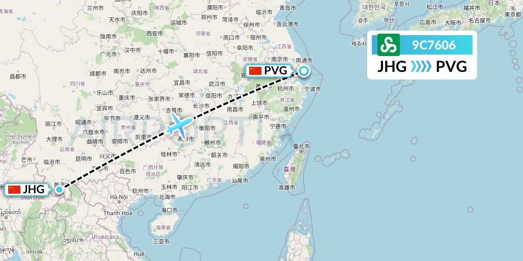 9C7606 Spring Airlines Flight Map: Jinghong to Shanghai