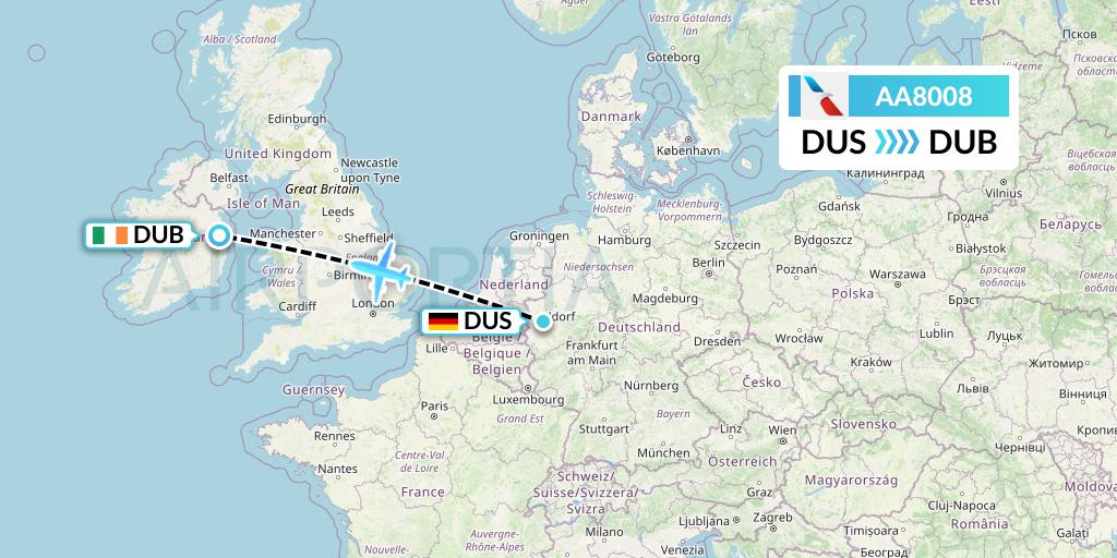 AA8008 American Airlines Flight Map: Dusseldorf to Dublin