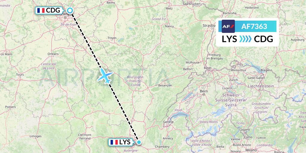 AF7363 Air France Flight Map: Lyon to Paris