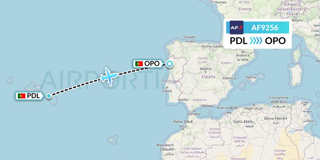 AF9256 Air France Flight Map: Ponta Delgada to Porto