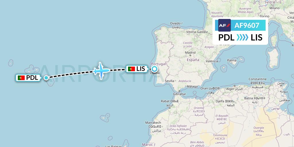 AF9607 Air France Flight Map: Ponta Delgada to Lisbon