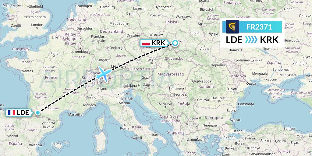 FR2371 Ryanair Flight Map: Tarbes to Krakow