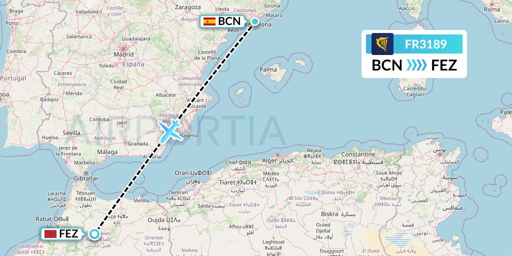 FR3189 Ryanair Flight Map: Barcelona to Fes