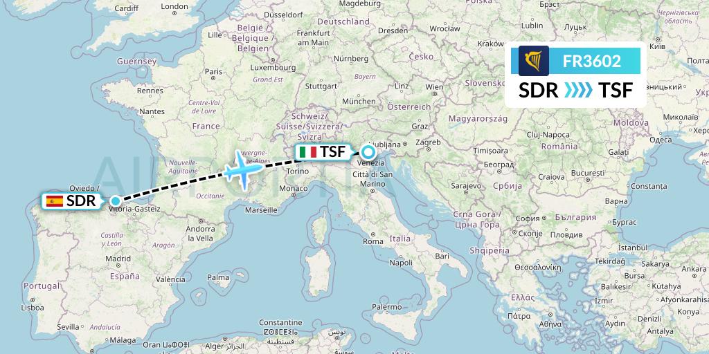 FR3602 Ryanair Flight Map: Santander to Treviso