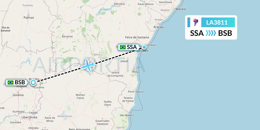 LA3811 LAN Airlines Flight Map: Salvador to Brasilia