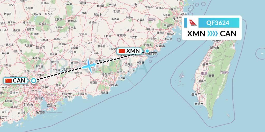 QF3624 Qantas Flight Map: Xiamen to Guangzhou