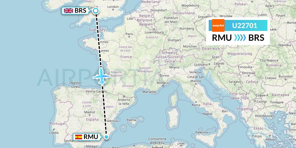 U22701 EasyJet Flight Map: Murcia to Bristol