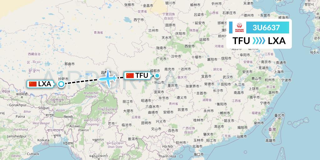 3U6637 Sichuan Airlines Flight Map: Chengdu to Lhasa