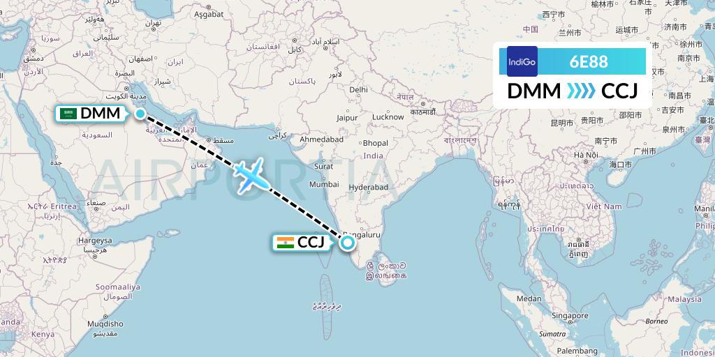6E88 IndiGo Airlines Flight Map: Dammam to Kozhikode