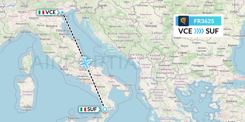 FR3625 Ryanair Flight Map: Venice to Lamezia Terme