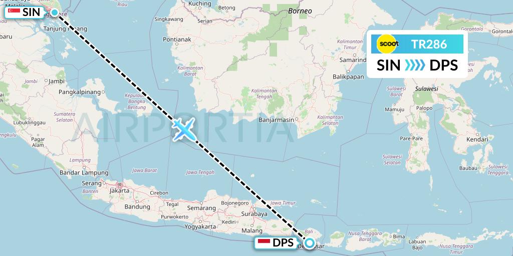 TR286 Tigerair Flight Map: Singapore to Denpasar